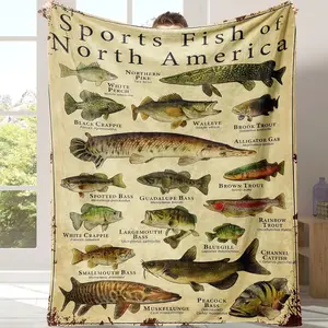 Fish Pattern Blanket Fishing Fisherman Gift Ultra Soft Cozy Warm Flannel Fleece Plush Throw Lake Cabin Decor Rustic Viral Aesthetic Bed Couch Sofa Travel Camping Snuggly Lightweight All Season Birthday For Dad Grandpa Men Boys Kids Outdoors