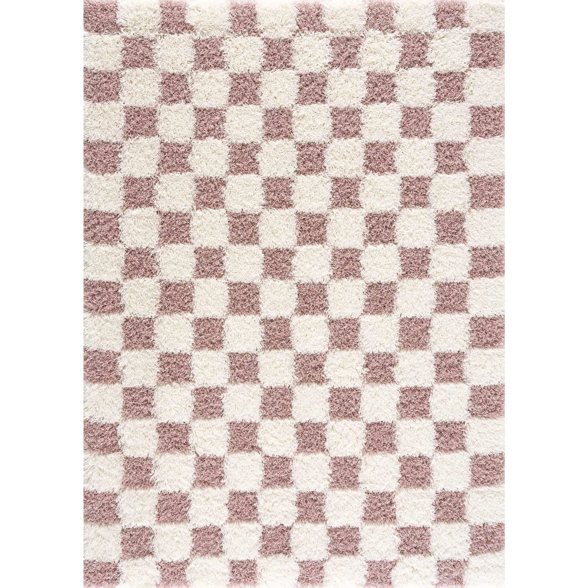 Atira Pink and Cream Checkered Fuzzy Shag Rug - Soft Plush Household Textile Carpet for Living Spaces, Fuzzy Rugs, Cozy Area Rug, Fluffy Modern Rug