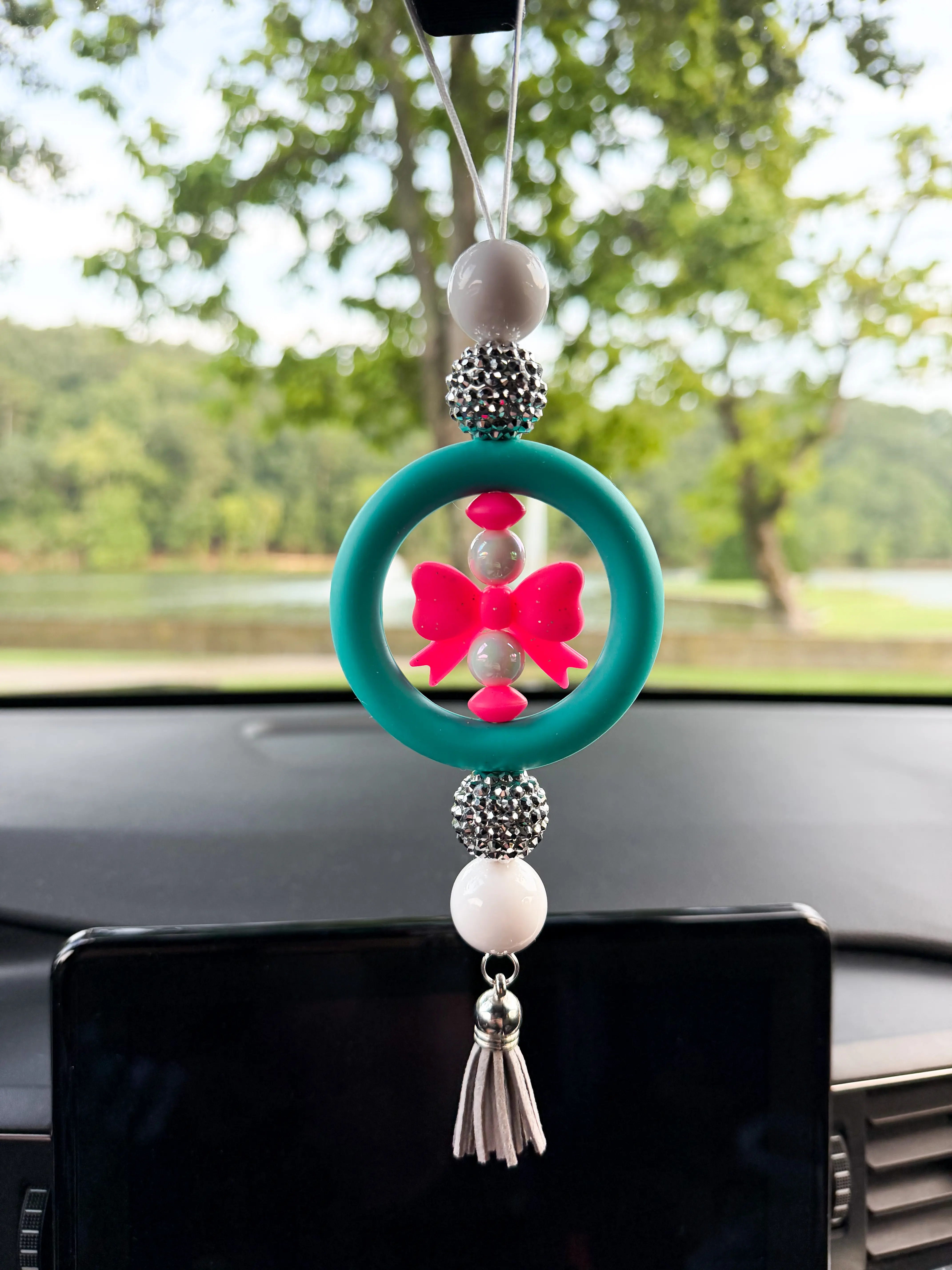 CAR CHARM - Coquette Bow | Hot Pink Glitter {for Rearview Mirror}