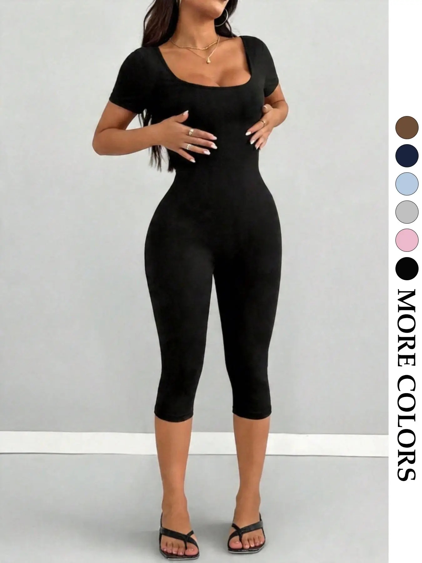 Women's Summer U-Neck Slim Jumpsuit, Stretchy Shaping Capri Jumpsuit, Tummy Control & Hip Lifting Short Sleeve Jumpsuit, Yoga Workout Jumpsuit, Minimalist Y2K Style, Versatile Jumpsuit for Yoga, Fitness and Daily Wear