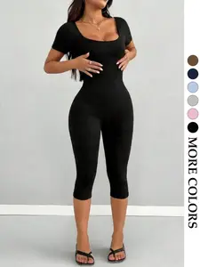 Women's Summer U-Neck Low Cut Slim Jumpsuit, Stretchy Shaping Capri Pants, Tummy Control & Hip Lifting Short Sleeve Bodysuit, Minimalist Y2K Style, Yoga Fitness Daily Wear, All-Season Versatile One-Piece Outfit