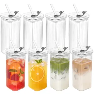 4/6/8Pcs 13oz Vertical Stripes Glass Tumbler with Lid and Straw for Whiskey Cocktail Beer, Iced Coffee, Hot/Cold Drinks