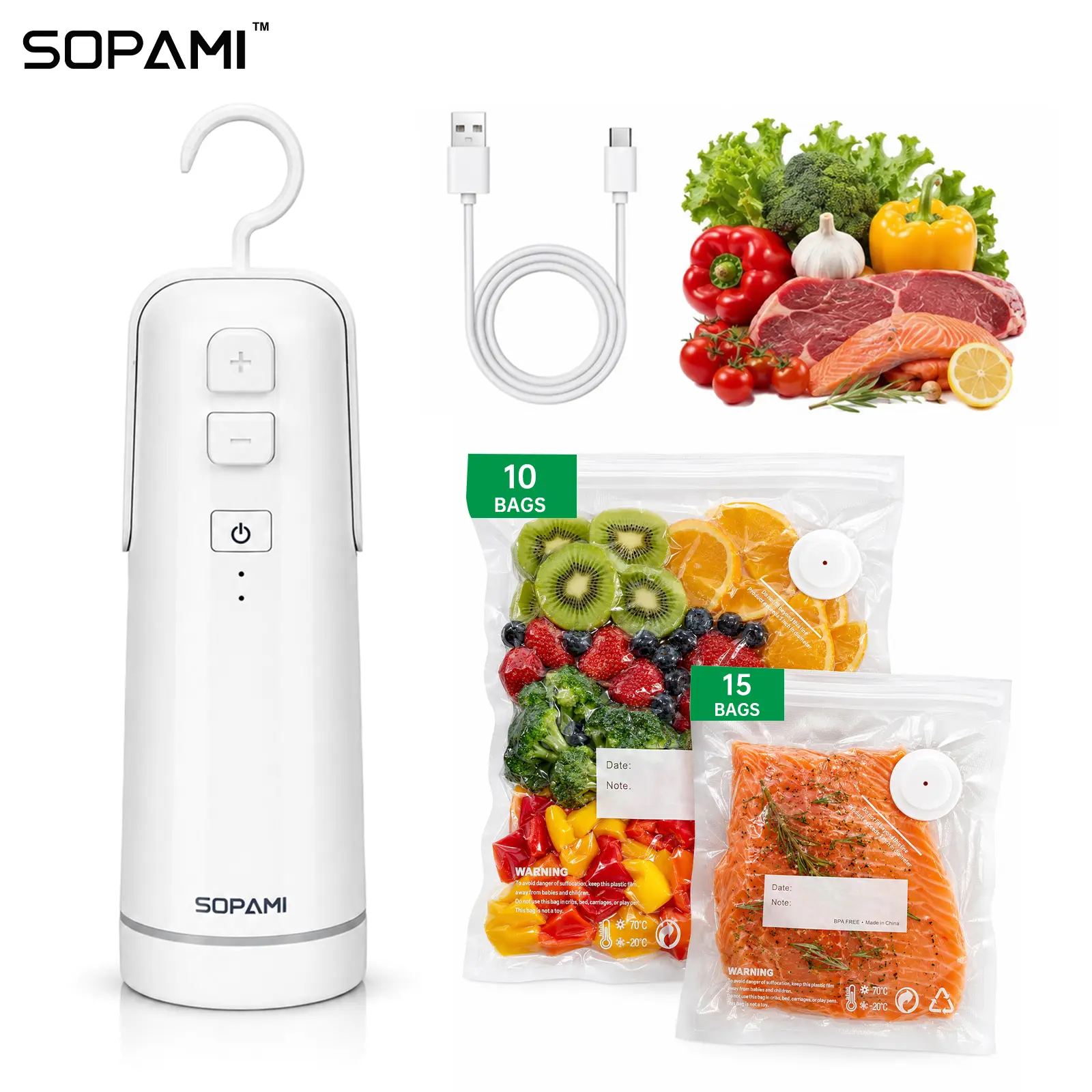 SOPAMI Handheld Vacuum Sealer Machine, Portable USB Rechargeable Food Vacuum Sealer Pump with 25 Vacuum Storage Bags, 100kPa Strong Suction, Inflate & Deflate Function for Food Preservation, Mason Jars, Snack Bags