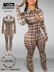 Women's Sexy Casual Plaid Bodycon Jumpsuit with Collared, Zipper Front & Ruched Design, Tight-Fitting Long Sleeve Jumpsuit for Fall & Winter, Womenswear Fitted