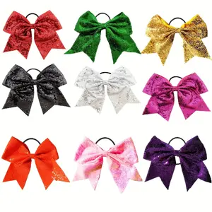The 7-inch Golden Sequin Competition Cheerleading Bow Tie Hair Tie School Matching Color Sports Headband Comes In 9 Colors (green, Red, Purple).