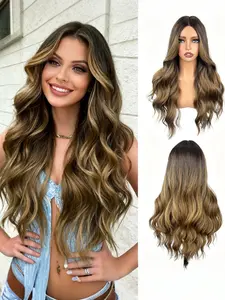 26 Inch Lace Middle Part Wig, Synthetic Lace Wigs, For Women Long Curly Synthetic Full Wig Top Dyed Gradient Brown Color Soft Bouncy Curls Natural Looking Lightweight Breathable Cap Perfect For Daily Wear Parties And Effortless Glamour