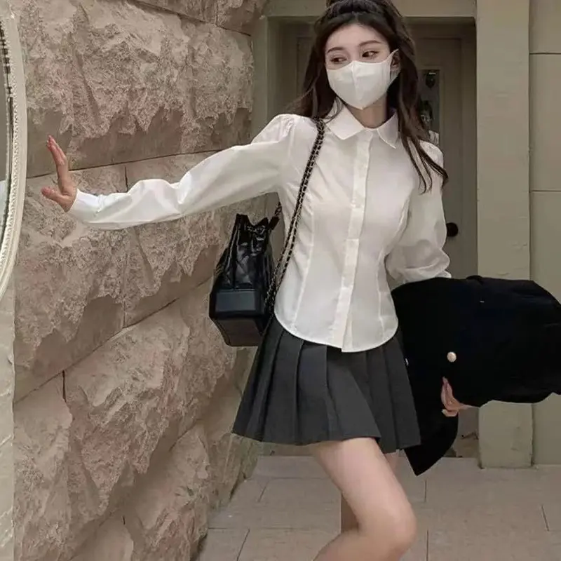 New styleXpqbb's White Shirt Korean Preppy Style Long Sleeve Turndown Collar Blouse School Uniform Student Slim Shirts 2025