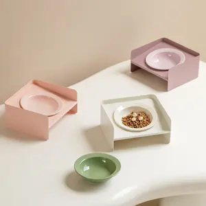 Ceramic elevated dog bowl, cat bowl, tilted splash proof pet food tray with bracket, ergonomic cat and dog neck support feeder, easy to clean anti slip design