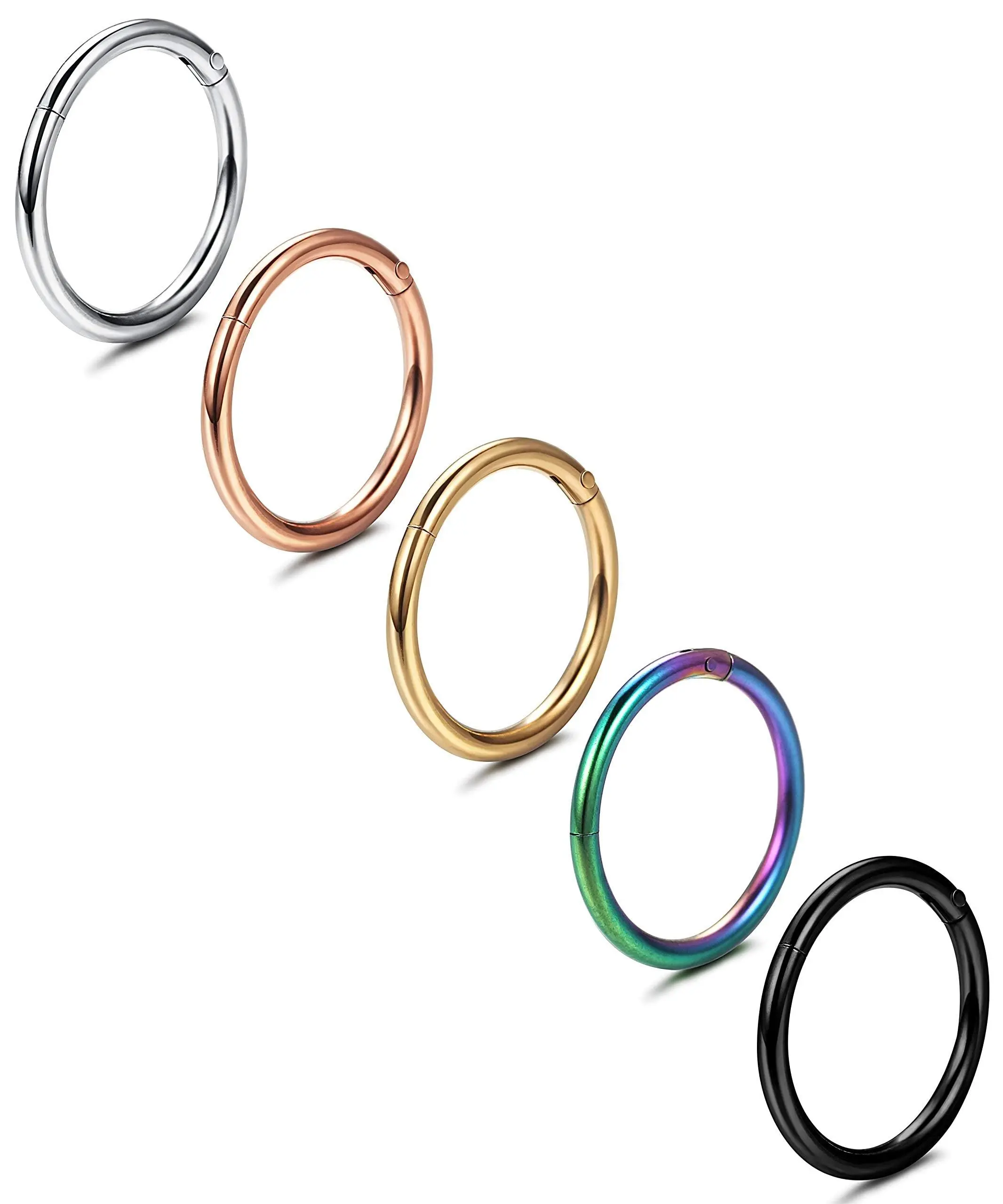 5 Pcs Surgical Steel Septum Rings Set,10 mm Nose Rings Hoop,Hinged Clicker Hoop Nose Rings for Women Men,Cartilage Hoop,Christmas Party Gifts,Hand Tools Kits