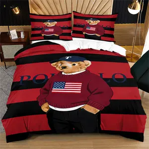 Striped Bear Print Bedding Set, includes 1 bedspread and 1 or 2 pillowcases, without quilt or pillow inserts, suitable for bedroom or dormitory bedding sets, ideal for gifting or personal use