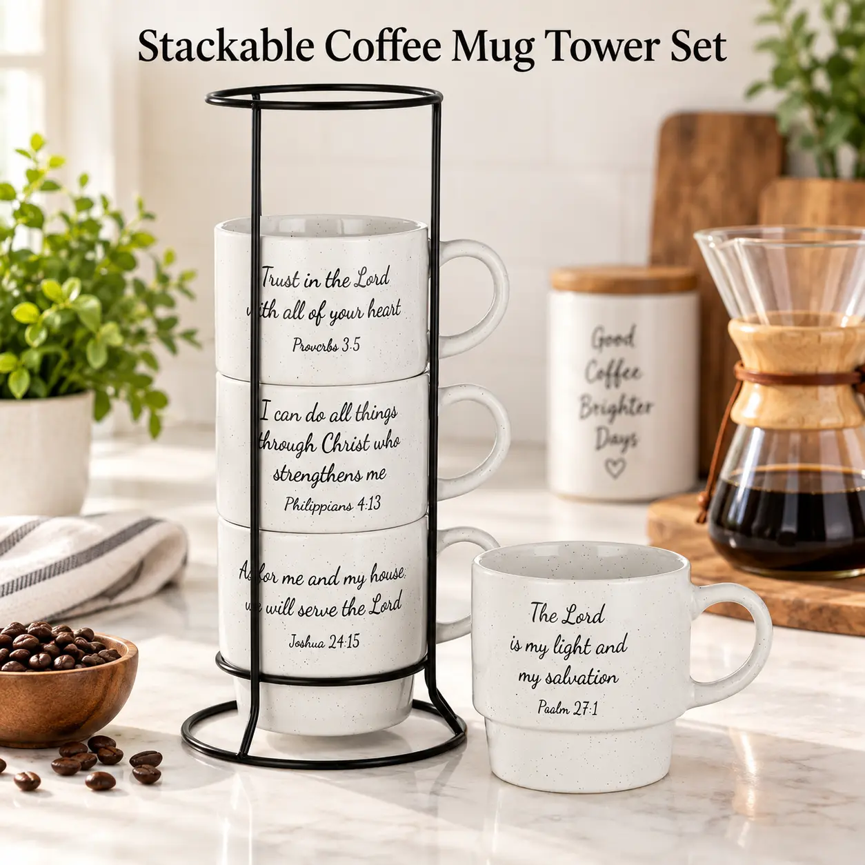 15oz Stackable Ceramic Coffee Mug Set (4-Piece) with Metal Wire Rack, Reusable Washable Inspirational Quote Print Tea Mugs for Coffee, Tea, Cocoa, Inspirational Quote Mugs