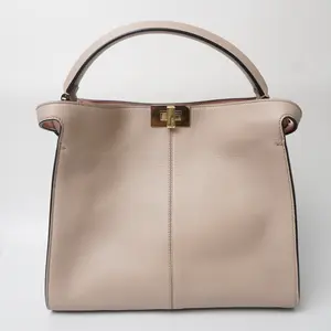 Pre-owned FENDI leather Top handle bag Vitello Seta Glazed Fabric FF 1974 Medium Peekaboo X Lite Nuvola Mogano Panna