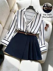 French Vintage Striped Long Sleeve Shirt Pleated Skirt Set, Elegant Slimming Fit Two-Piece, Stylish Women's Clothing for Casual Wear