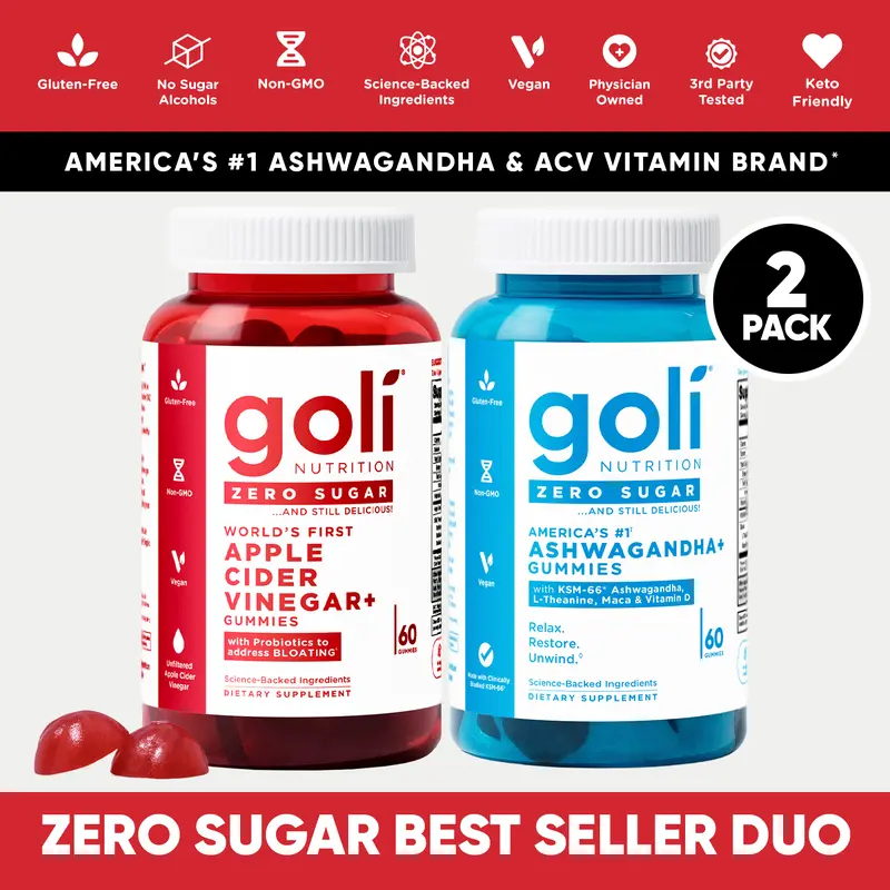 Zero Sugar Best Seller DUO - Apple Cider Vinegar with Vitamin B12 and Probiotics To Address Bloating, Ashwagandha & L-Theanine, Vitamin D gummies. Gluten-Free, Vegan, Non-GMO & Gelatin-Free
