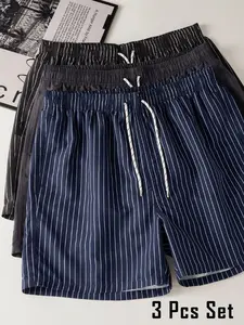 Men's Striped Print Drawstring Waist Beach Shorts, Casual Summer Wear, Comfortable Fashion Design, Suitable for Daily Use，Swim Trunks