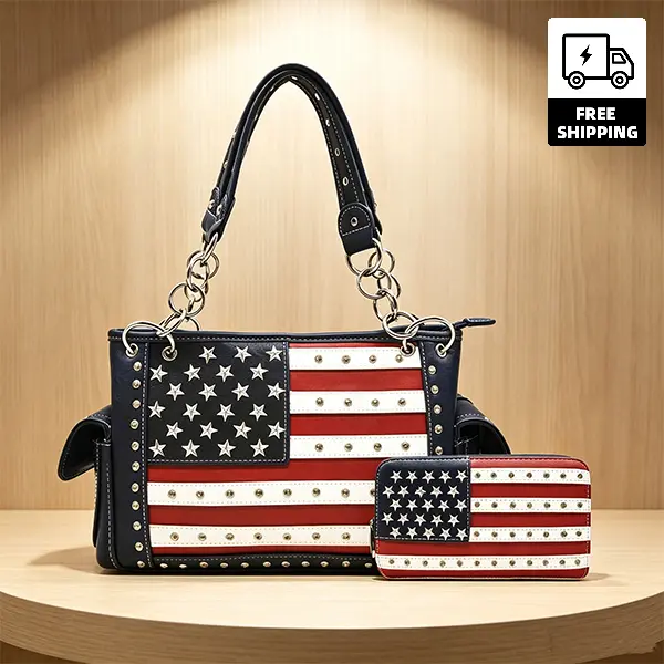 Western Style Studded American Flag Tote Bag with Wallet Set - Trendy Country Fashion Purse for Daily Use, Travel & Patriotic Events