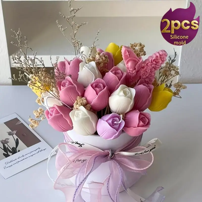 2-piece set of tulip shaped silicone molds, DIY bouquet molds, romantic flower theme molds, suitable for wedding gifts, candle making, handmade soap, decorations - the best choice for handicraft enthusiasts, Handcraft, Handmade Crafts