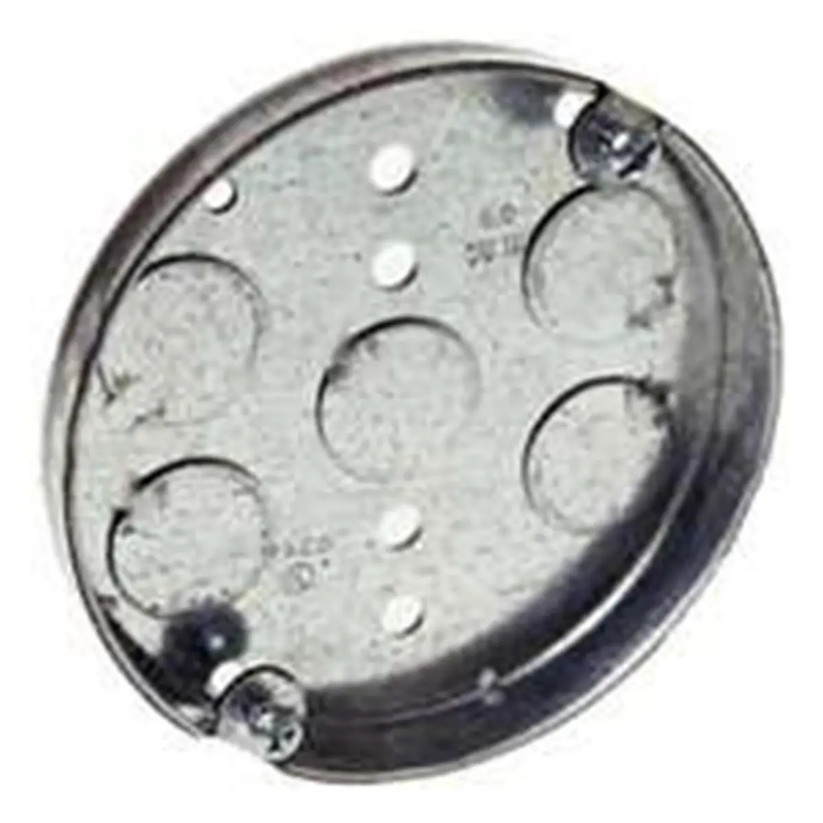 Raco 8293 Metal Ceiling Pan, 4 in. Diameter, 0.34 lb, 1/2 in. Depth, 4 Cubic In., 5 x 1/2 in. Bottom Conduit Knockouts, Compatible with 2-Hour Rated Ceilings for Sailing Water Sports, Round, Five 1/2 In. Bottom Conduit Knockouts