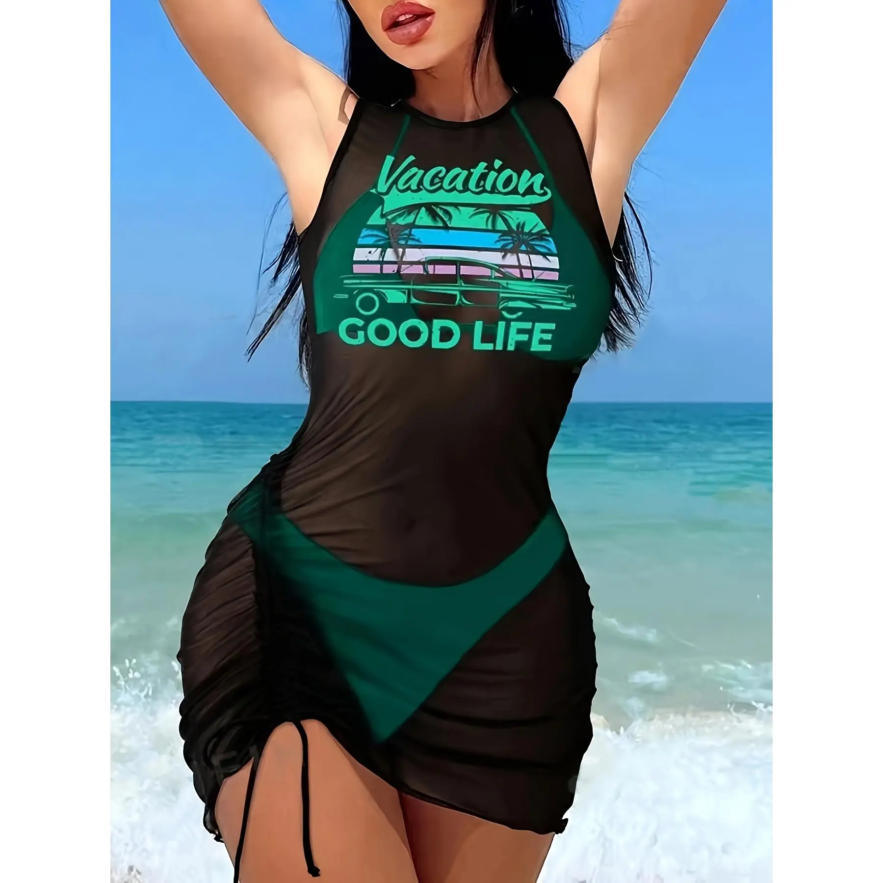 Women's 3-Piece Stylish Swimsuit Set - Cute Tankini Set with Sexy Rope Detail, Tankini Swimdress, and Beach Vacation Cover-Up, Tankini Swimwear, Strappy Tankini Top