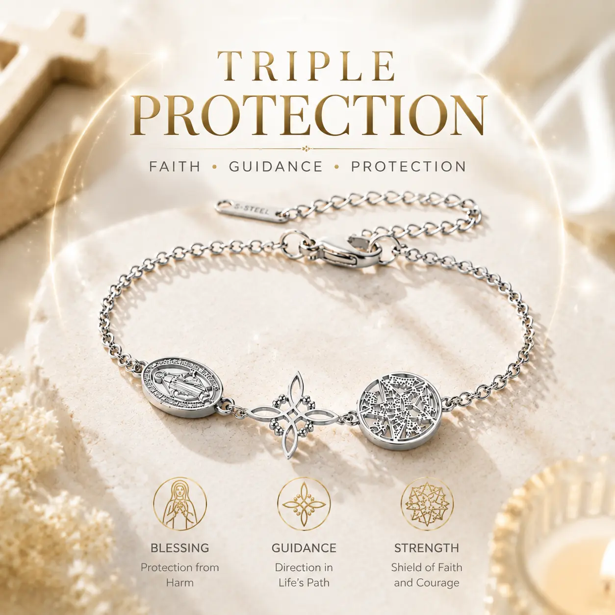 Retro Stainless Steel Triple Protection Bracelet, Witch Knot & Pentagram Pagan Bracelet, Adjustable Spiritual Jewelry