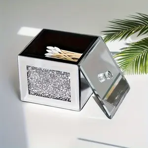 1pc Diamond Encrusted Mirror Glass Desktop Storage Box, Dustproof Jewelry Organizer, Hair Clip Holder, Floss Container, Crystal Cleaning Cloth