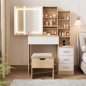 Vanity Desk with Mirror and Lights, Vanity Table and Chair Set with 4 Drawers and Charging Station, Dresser LED Sliding Mirror, Natural+White
