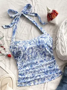 Y2K Multicolor Halter Tie Back Vest, Vintage Forest Slim Fit Short Top, Fashion All over Print, Casual Summer Wear, Sleeveless Womenswear, Halter Tops