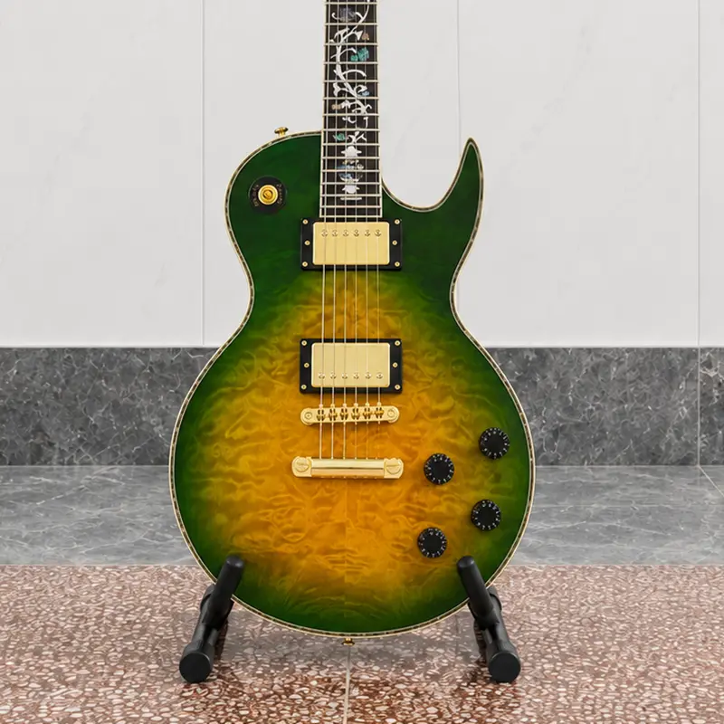 Green and yellow gradient color Electric Guitar, solid mahogany body,Pearl mother-of-pearl carving with vine and flower patterns inlayWoven maple top, rosewood fingerboard, Gold hardware,HHpickups,22frets, 22 Frets