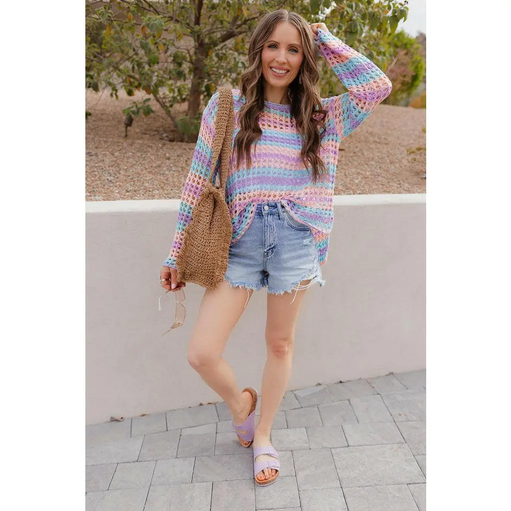 Women's Bohemian Crochet Pastel Blouse, Lightweight Casual Top with Lace Accents