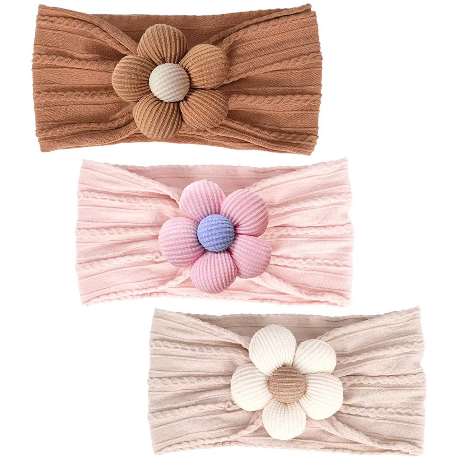 X-HDW27 3-Pcs Floral Baby Headbands - Gentle-Soft Nylon Hair Accessories for Newborn to Growing Baby Girls, Ideal for Birthdays, Easter Parades (Beige, Pink, Brown)