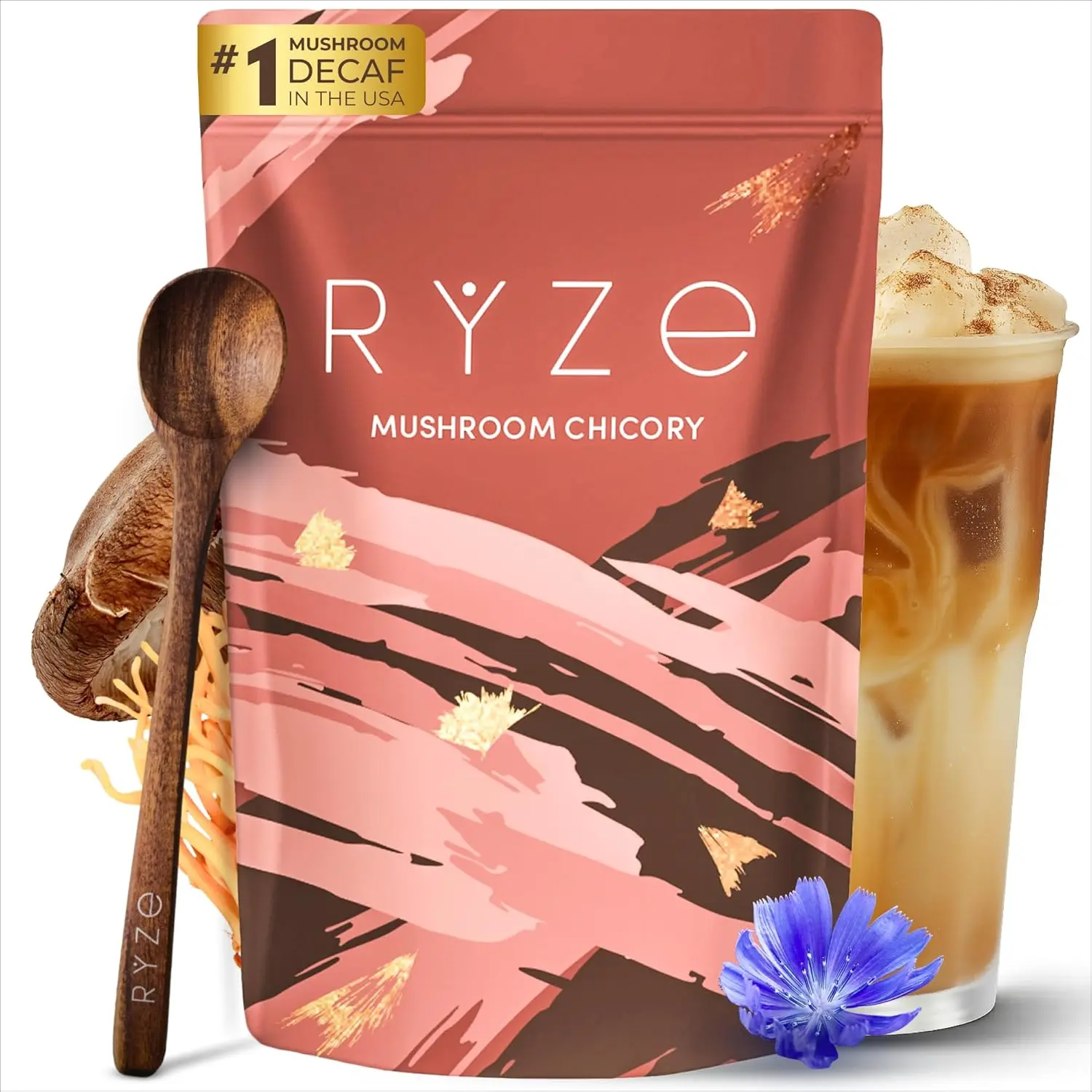 RYZE SUPERFOODS Mushroom Chicory with 6 Organic Adaptogenic Mushrooms, Keto Decaf Alternative with Chicory Root for Energy, Focus, Digestion, Immunity with Lions Mane, Turkey Tail, Shiitake, 30 Serv