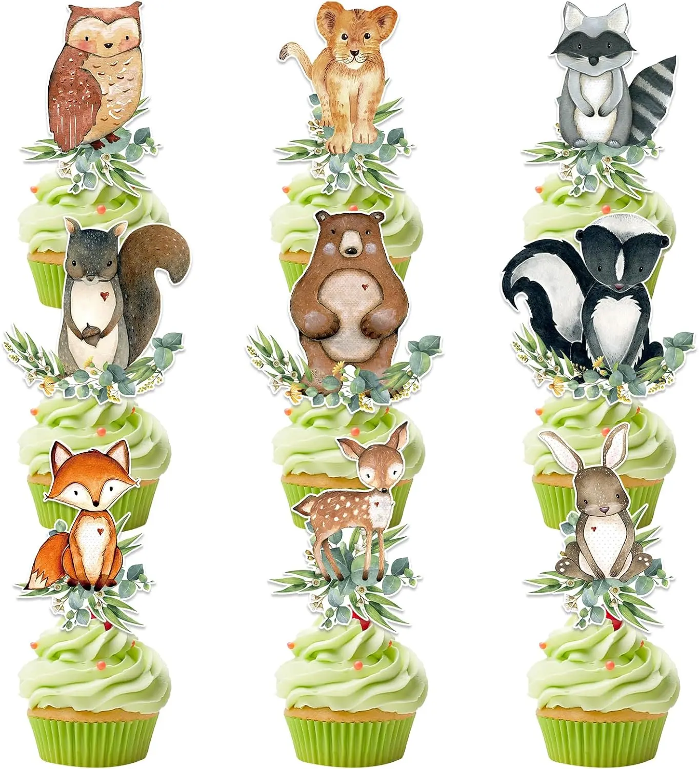 54-Piece Magical Woodland Animal Cupcake Topper Set for Neutral Forest Themed Baby Shower, Gender Reveal, Birthday Party Decorations, Multicolor Cake Decor Supplies, Nature