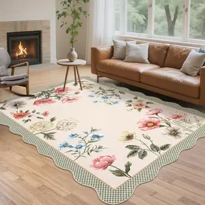 GARVEE Beige Modern Printed Area Rug 9x12 ft - Retro Soft Indoor Carpet with Low Pile, Non-Shedding, Non-Slip, Machine Washable, Foldable Floor Mat for Room Decor