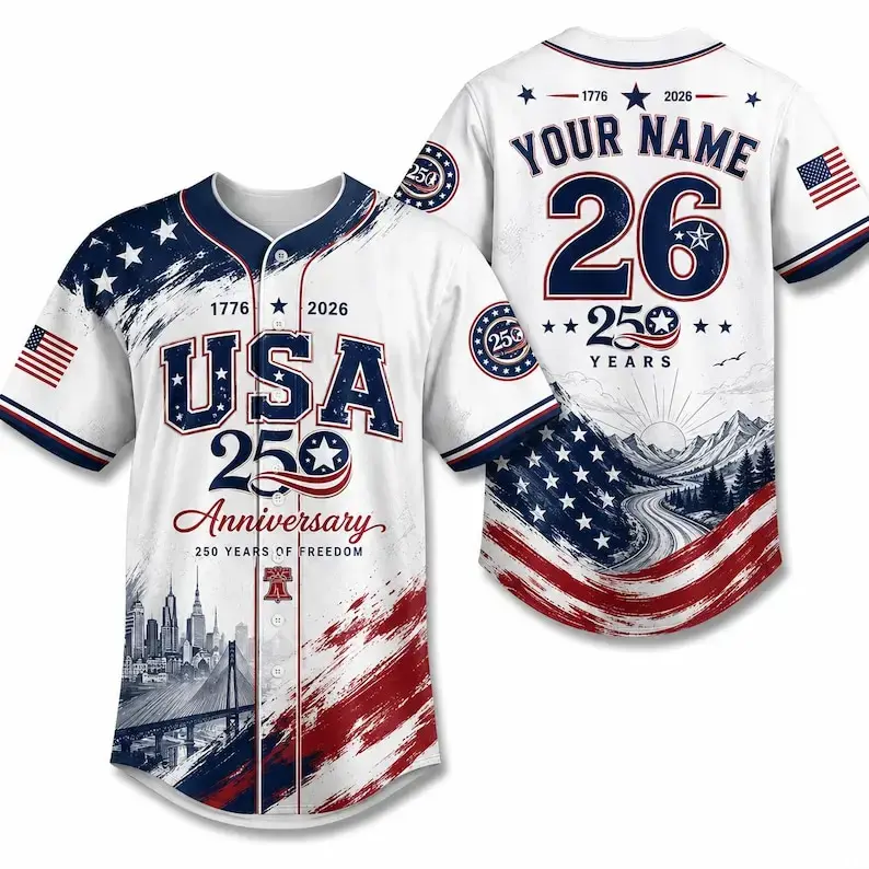 Relaxed Unisex Fit USA 250th Anniversary Personalized Flag Baseball Jersey - Polyester, Breathable Short Sleeve, Custom Patriotic 2026 Button-Up, 4th of July/Veterans Day Gift Tee, All-Over Print, Relaxed Cut