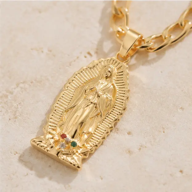 18K Gold Our Lady of Guadalupe Necklace, Steel Religious Jewelry, Baptism Gift