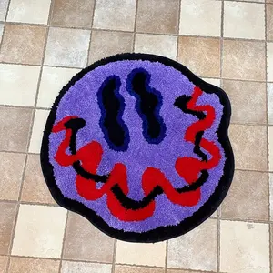 Vibrant Abstract Smiley Face Fluffy Floor Mat – Suitable for Bathroom/Entryway/Living Room, Soft Non-Slip Flocked Rug with Absorbent Surface & Playful Decor Design, Cozy Home Accent Accessory