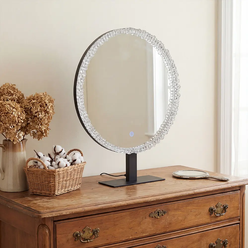 FUFU&GAGA Crystal Round LED Lighted Makeup Mirror with 3 Color Modes, Sunflower Backlit Float Glass High Definition Ice Flowers Vanity Mirror for Bathroom & Vanity Table, Modern Luxury