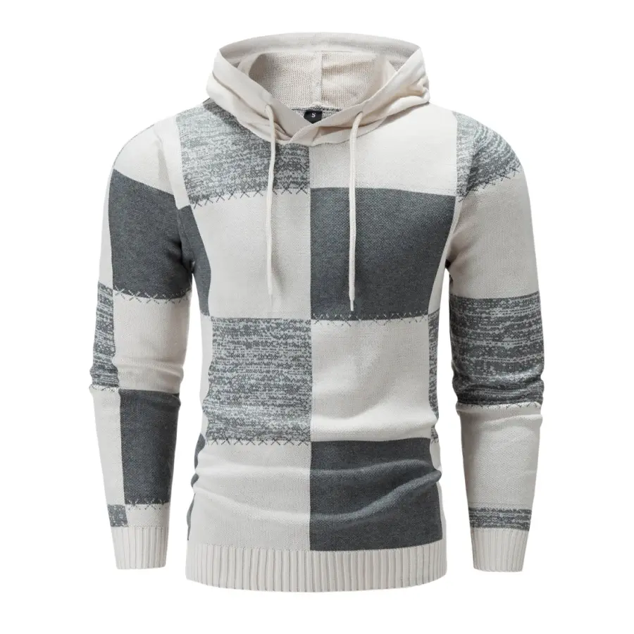 Men's Hooded Sweatshirt, Fitted Zip Up Pullover with a Checked Patchwork Design in a Casual Polyester Knit Fabric, Zip Up Hoodie, Knitting
