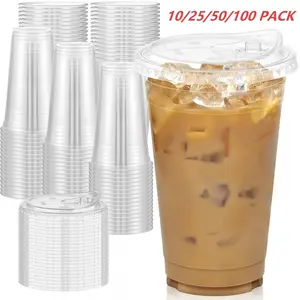 24oz Ice Coffee Cup with Lid, Plastic Clear Cups, Party Cups, Beverage Cups, Drinking Cups, Transparent Plastic Disposable Cups, No Straw Reusable for Parties Weddings Events Drinks, Party Pack