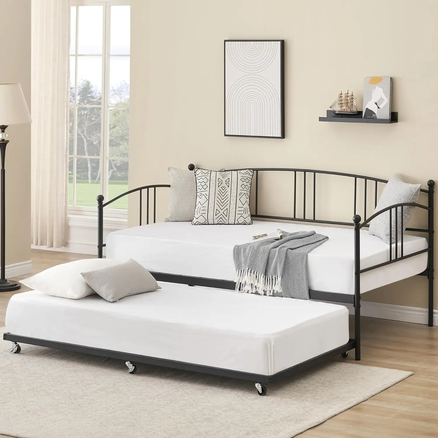 Black Twin Contemporary Rolling Convertible Daybed Frame with Pull-Out Trundle, 6 Caster Wheels, Sturdy Steel Slats, Direct Support, No Box Spring Needed, Durable, Assembly Required, Clean Lines, Small Space Solution, Guest Bed Living Room Furniture, Conv