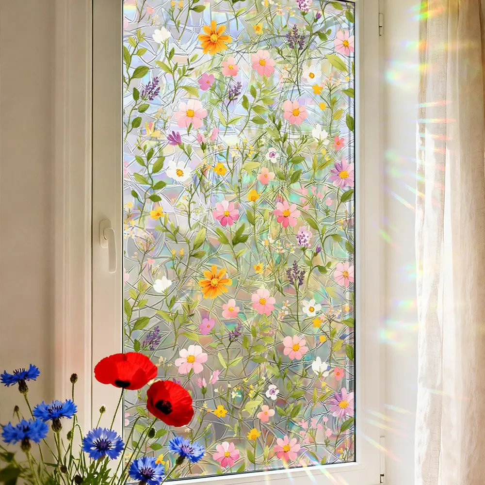 45x100cm Static Cling Glass Film No Glue Removable Vintage Stained Glass Floral Pattern Decorative Window Sticker for Living Room Restaurant Home Decoration Self Adhesive Window Film Reusable Home Renovation Decor Window Decals For Glass Windows