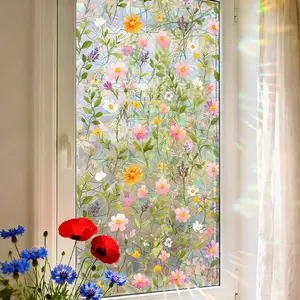 45x100cm Static Cling Glass Film No Glue Removable Vintage Stained Glass Floral Pattern Decorative Window Sticker for Living Room Restaurant Home Decoration Self Adhesive Window Film Reusable Home Renovation Decor Window Decal