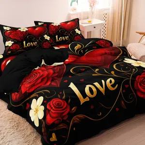 3pcs Set Romantic Deep Red Rose Love Heart Rose Design Theme Pattern Duvet Cover Set,Suitable For Bedroom Hotel Inn School Dormitory Can Be Used As Holiday Gifts, Decorative Bedding Set, Floral Bedding Sets (1*Duvet Cover + 2 Pillowcases)