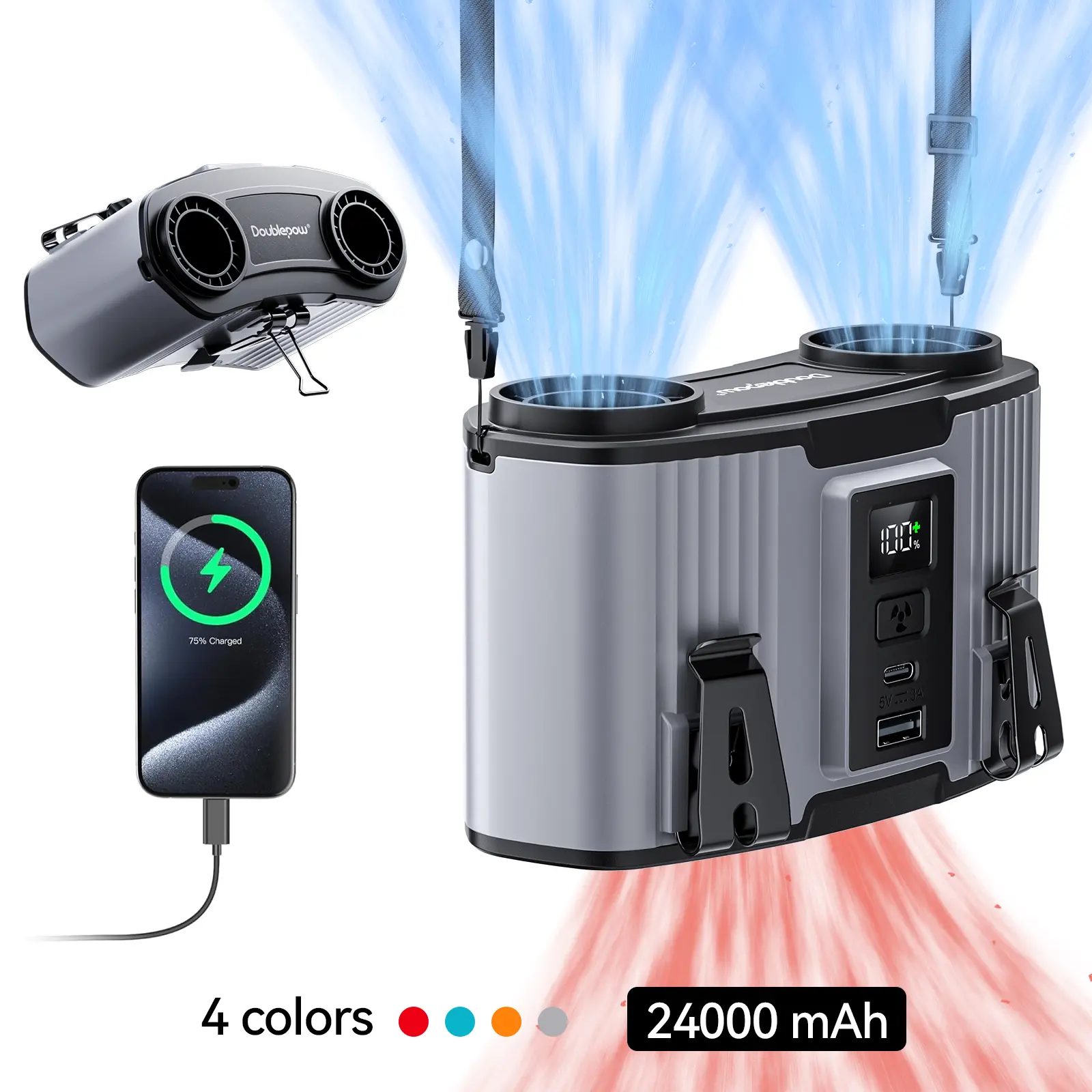 Doublepow fan,portable 24000mAh Waist-mounted Fan,Power Bank,10-speed cooling fan rechargeable camping fan suitable for high temperature work outdoor hiking,car accessories