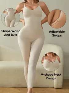 Women's Seamless Shapewear Bodysuit V-Neck, Adjustable Straps, Full Body Shaper, Tummy Control, Butt Lifter, Mid-Thigh Slimmer, Nude Color, Fit