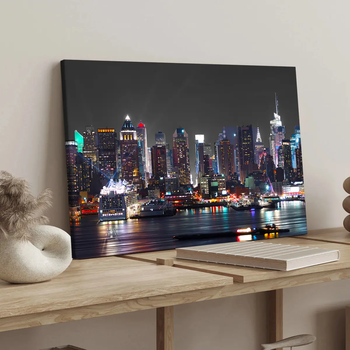 New York City Night View Canvas Print with Frame, Modern Art Decoration, Living Room Bedroom Decoration, Hallway Office Mural, Ideal Gift, Poster