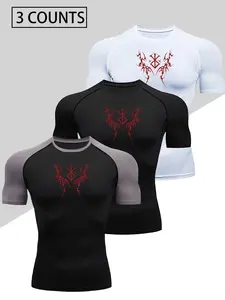 3pcs Men's Athletic Compression T-Shirts - Quick-Dry, High-Elasticity, Slim Fit, for Running, Gym & Outdoor Workouts, Breathable & Moisture-Wicking, Workout Shirts, Gym Apparel, Sleek Design, Modern Activewear, Athletic Tops