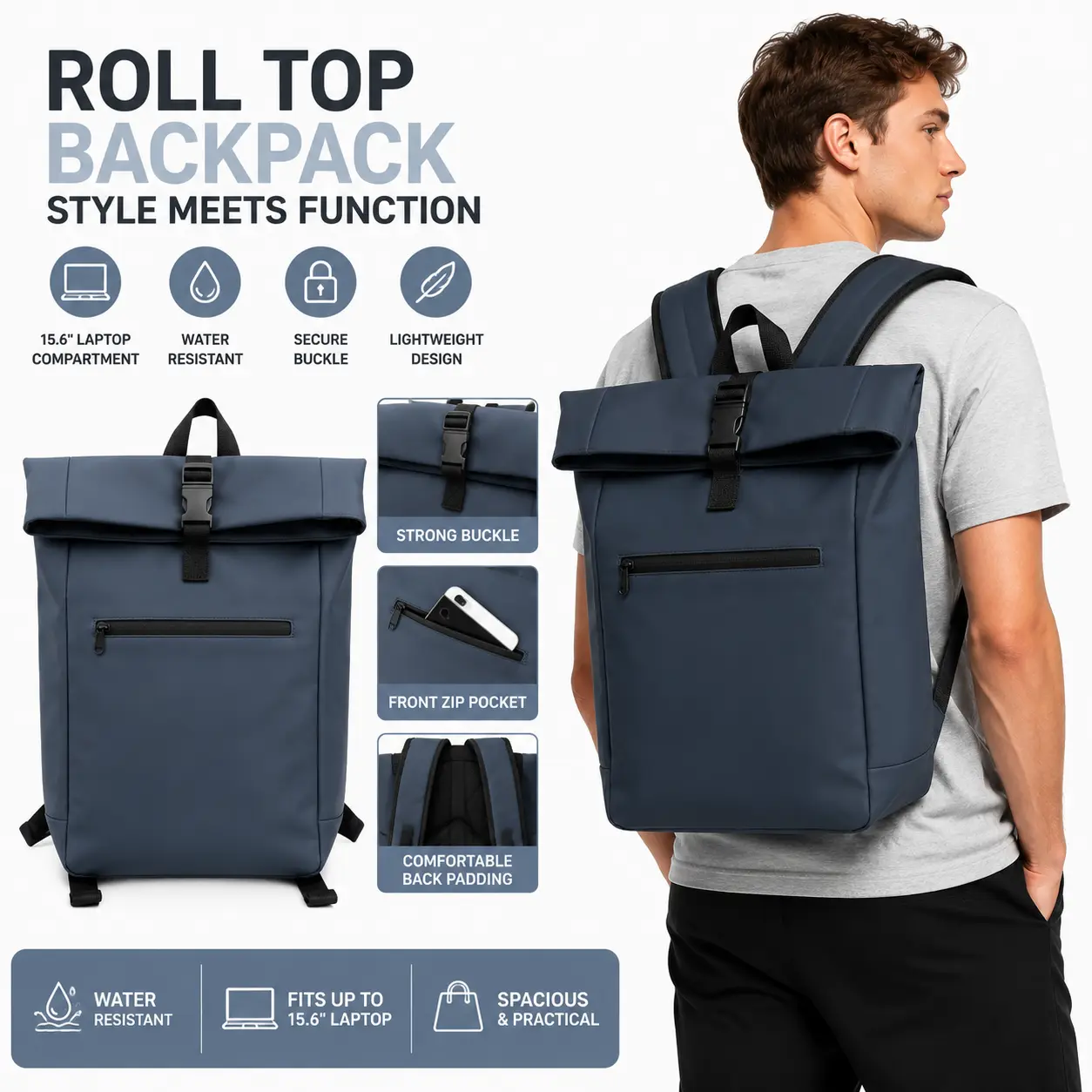 Roll Top Backpack - Water Resistant, Secure Buckle, Lightweight Design, 15.6" Laptop Compartment, Spacious & Practical, Comfortable Back Padding