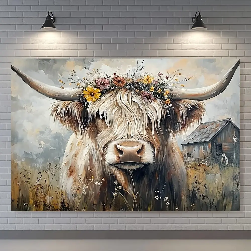 1PC Polyester Rustic Highland Cow Wall Tapestry - 2D Flat, Floral Crown, Vintage Barn, Wildflowers - Boho Farmhouse Room Decor Decoration for Bedroom, Birthday Party Photoshoot Backdrop