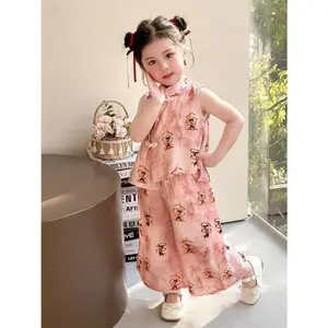 Girls' Two-Piece New Cartoon Print Chinese-Style Outfit Fashionable Hanfu Set, Chinese Size, Please Check The Size Guide Carefully